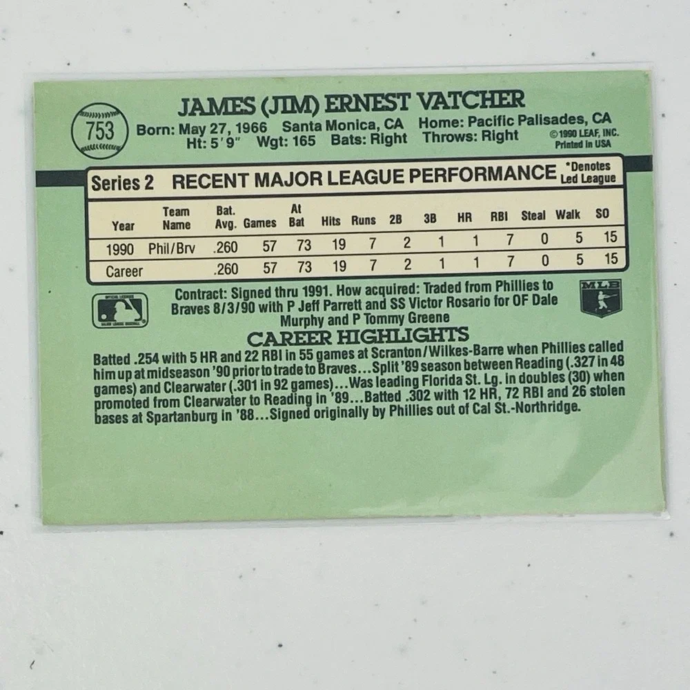 1991 Donruss Jim Vatcher Rookie Atlanta Braves 753 Trading Card Vtg